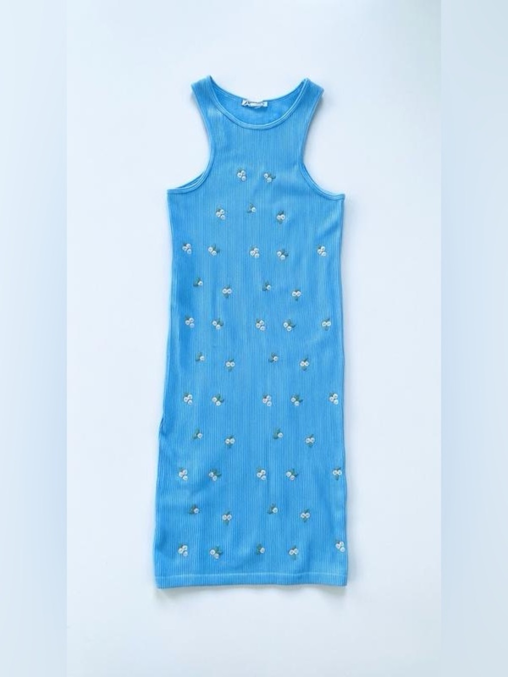 NWOT Zara Sky Blue Ribbed Tank Dress with Daisy Embroidery